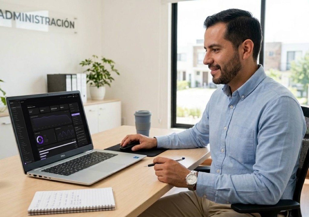 Administrator am Schreibtisch mit Analytics-Dashboard auf dem Laptop